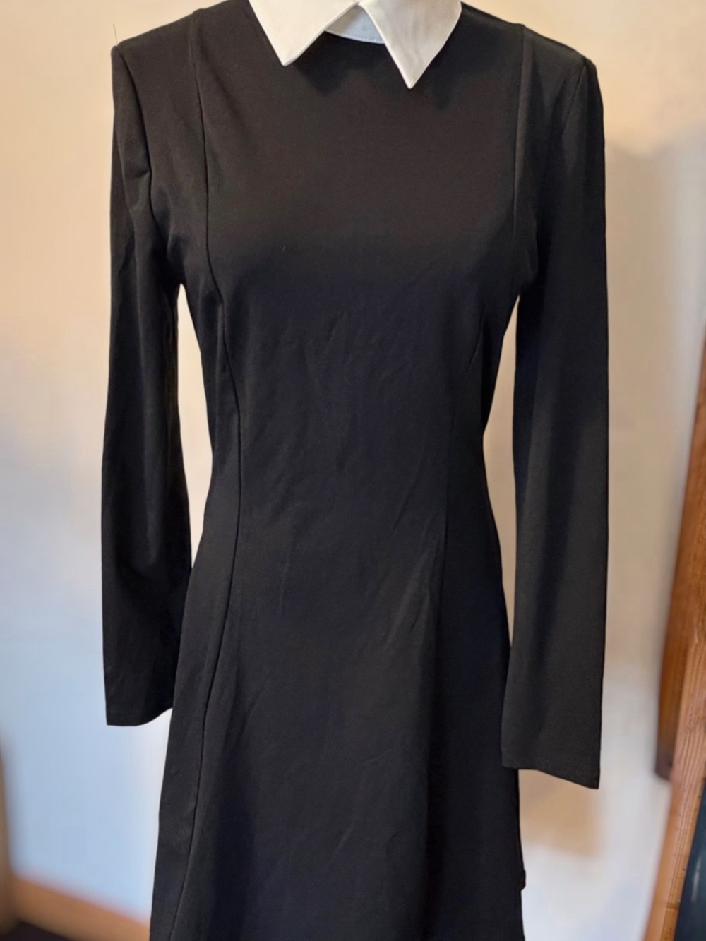 Classic Black Dress with White Collar - Women's Long Sleeve